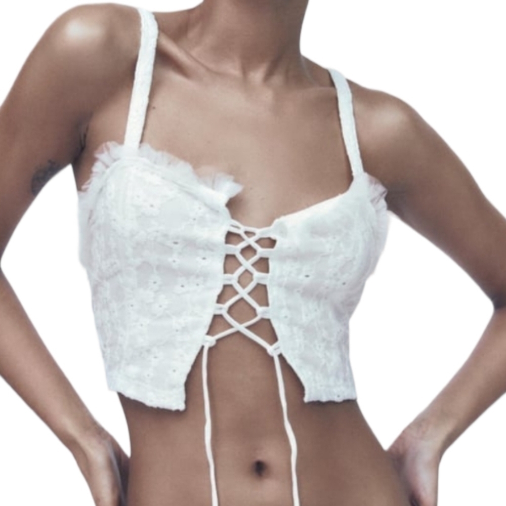 Zara White Lace-Up Eyelet Crop Top